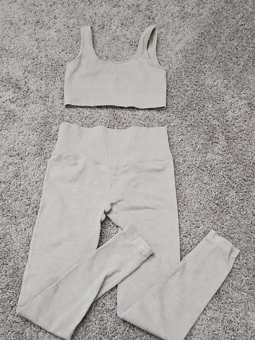 Seamless Ribbed Tank and Legging Set in Light Beige